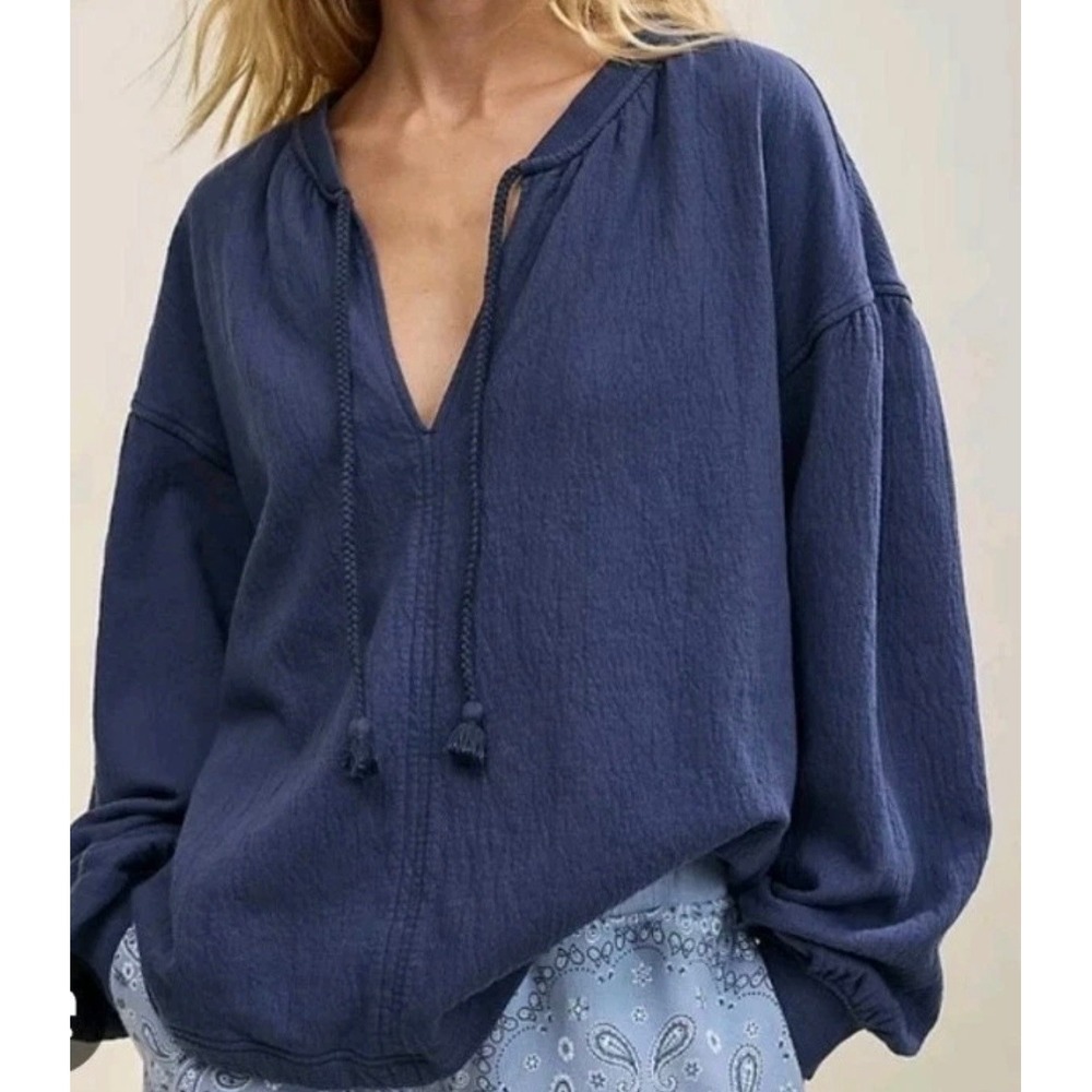Aerie Blue Gauze Textured Boho Pullover Sweatshirt Tassel Tie V-Neck Small